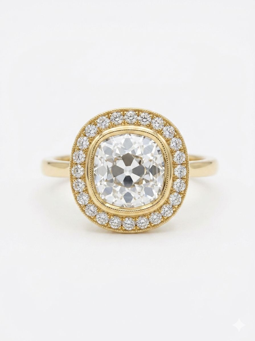 Mark Broumand GIA Certified 3.32 Carat Old Mine Cut Diamond Halo Ring in 18K Yellow Gold