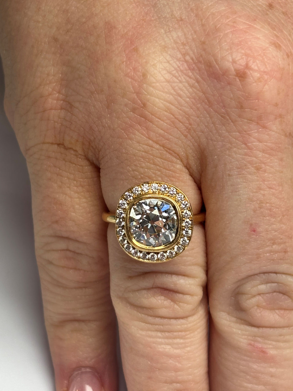 Mark Broumand GIA Certified 3.32 Carat Old Mine Cut Diamond Halo Ring in 18K Yellow Gold, view 2