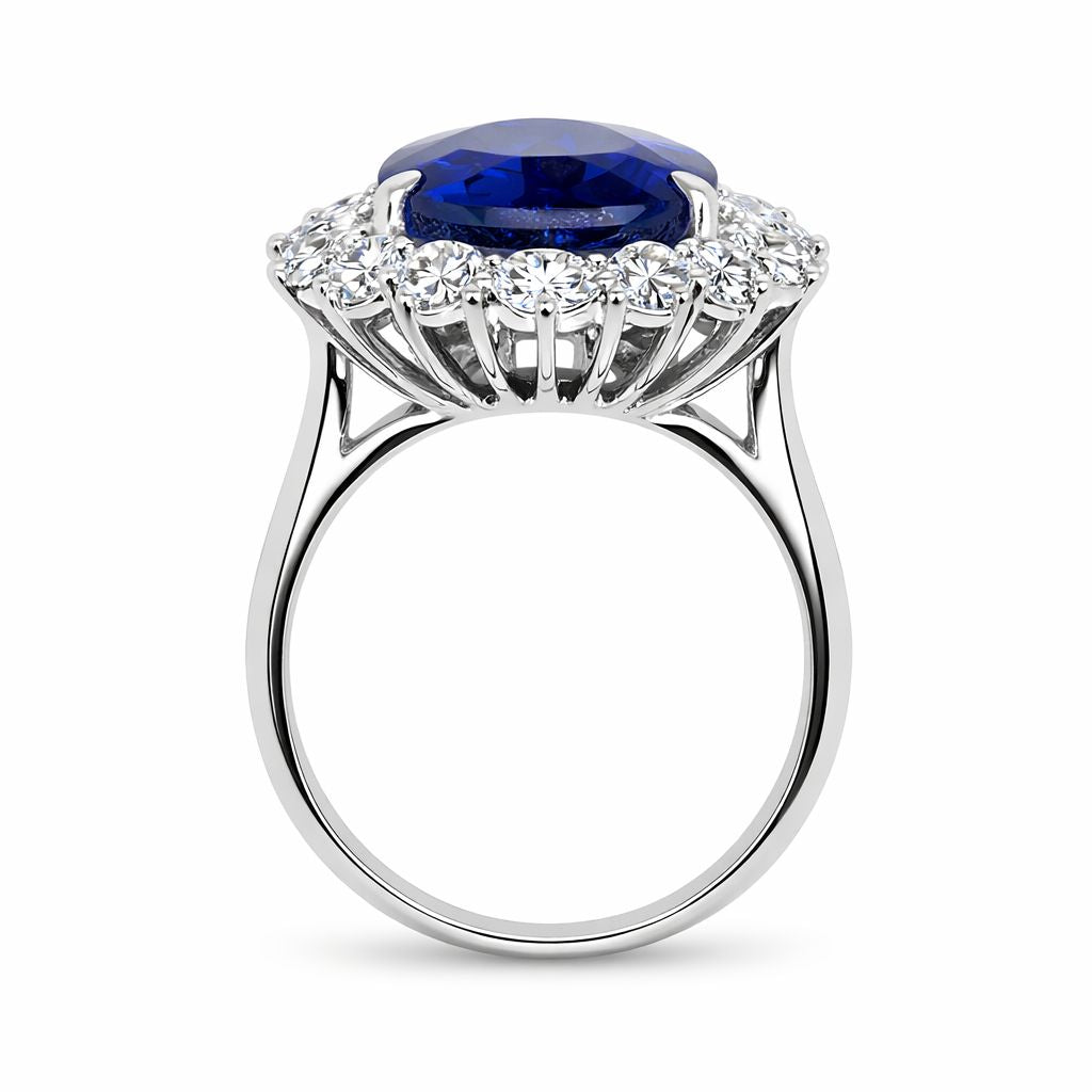 16.45ct Royal Blue Oval Cut Ceylon Sapphire & Sunburst Accents Diamond Halo Ring