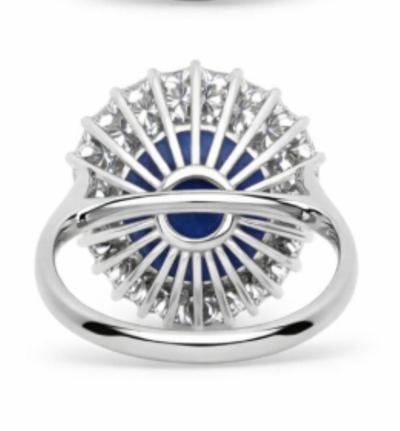16.45ct Royal Blue Oval Cut Ceylon Sapphire & Sunburst Accents Diamond Halo Ring