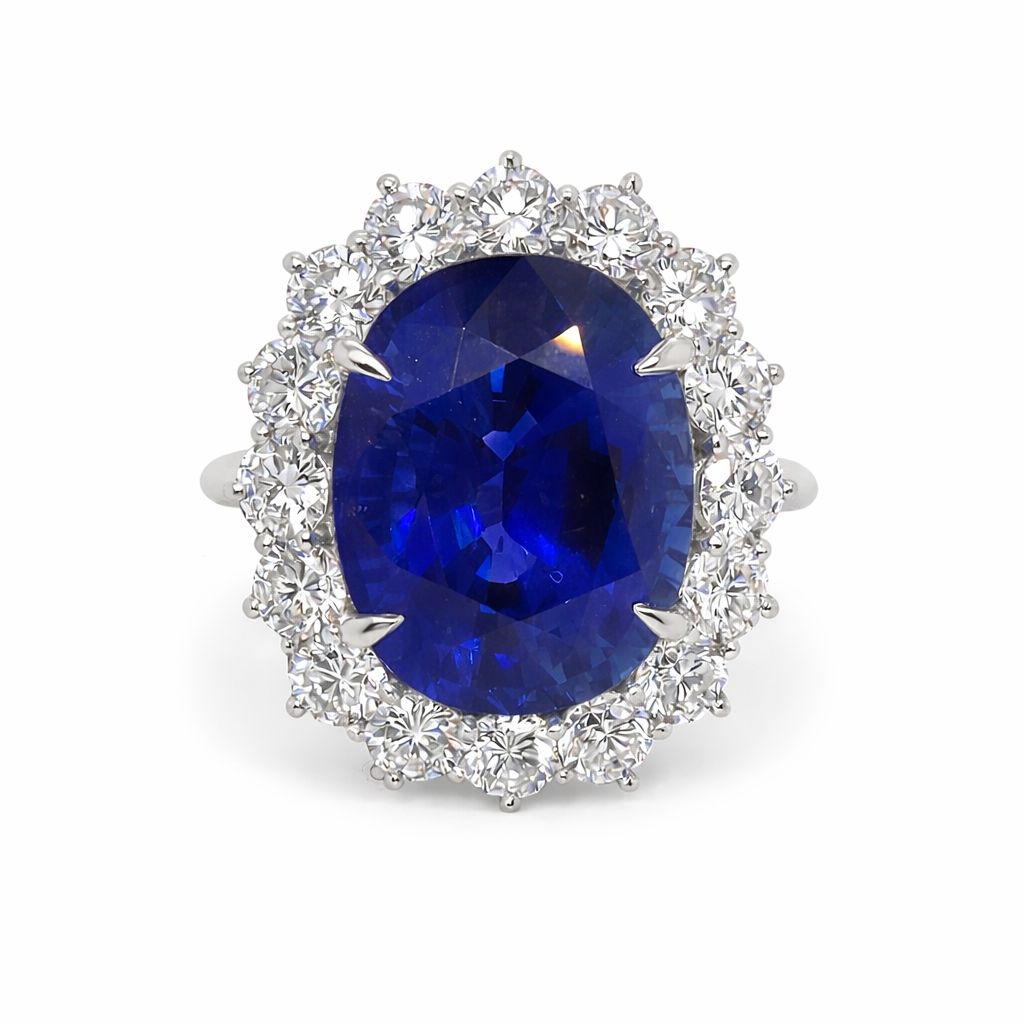 16.45ct Royal Blue Oval Cut Ceylon Sapphire & Sunburst Accents Diamond Halo Ring