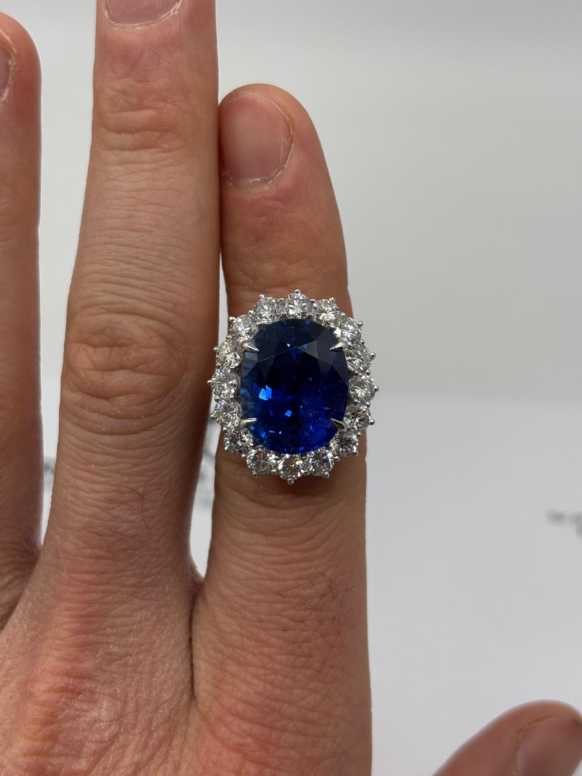 16.45ct Royal Blue Oval Cut Ceylon Sapphire & Sunburst Accents Diamond Halo Ring