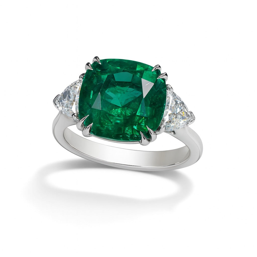Cushion-Cut 6.28 Carat Emerald & Diamond Three-Stone Ring