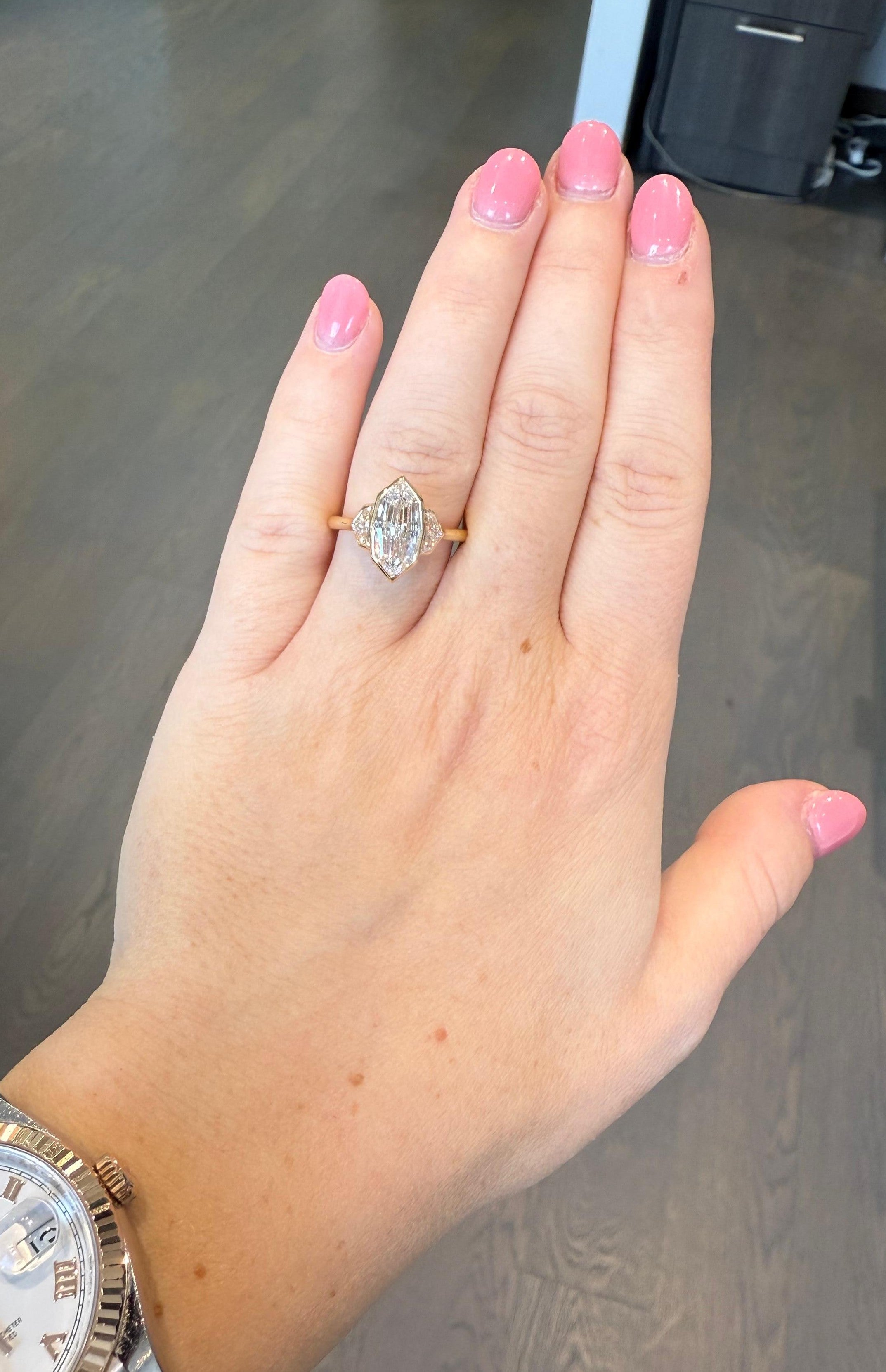 GIA-Certified Marquise and Shield Mixed-Cut 3 Stone Diamond Ring