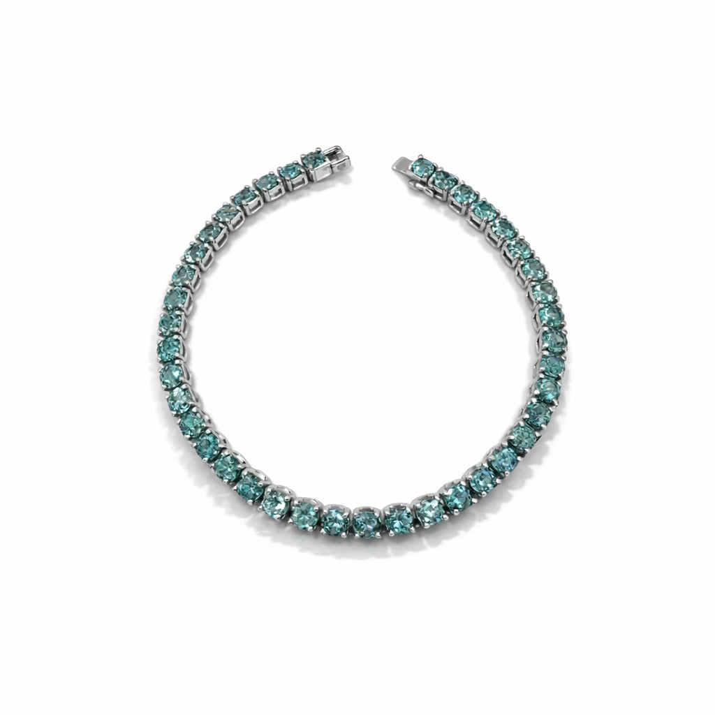 10.33 Carat Brazilian Paraiba Tourmaline Platinum Tennis Bracelet, 40 Round Cut Neon Greenish-Blue Stones