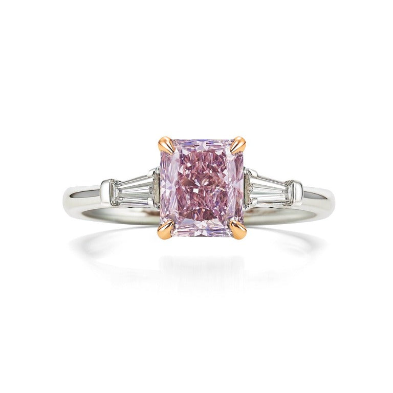 Radiant-Cut Pink Diamond Three-Stone Ring with Tapered Baguette Accents