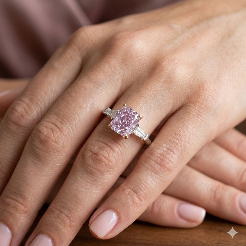 1.10ct Fancy Intense Purple-Pink Radiant Cut Diamond Three-Stone Ring, Baguette Accents in Platinum
