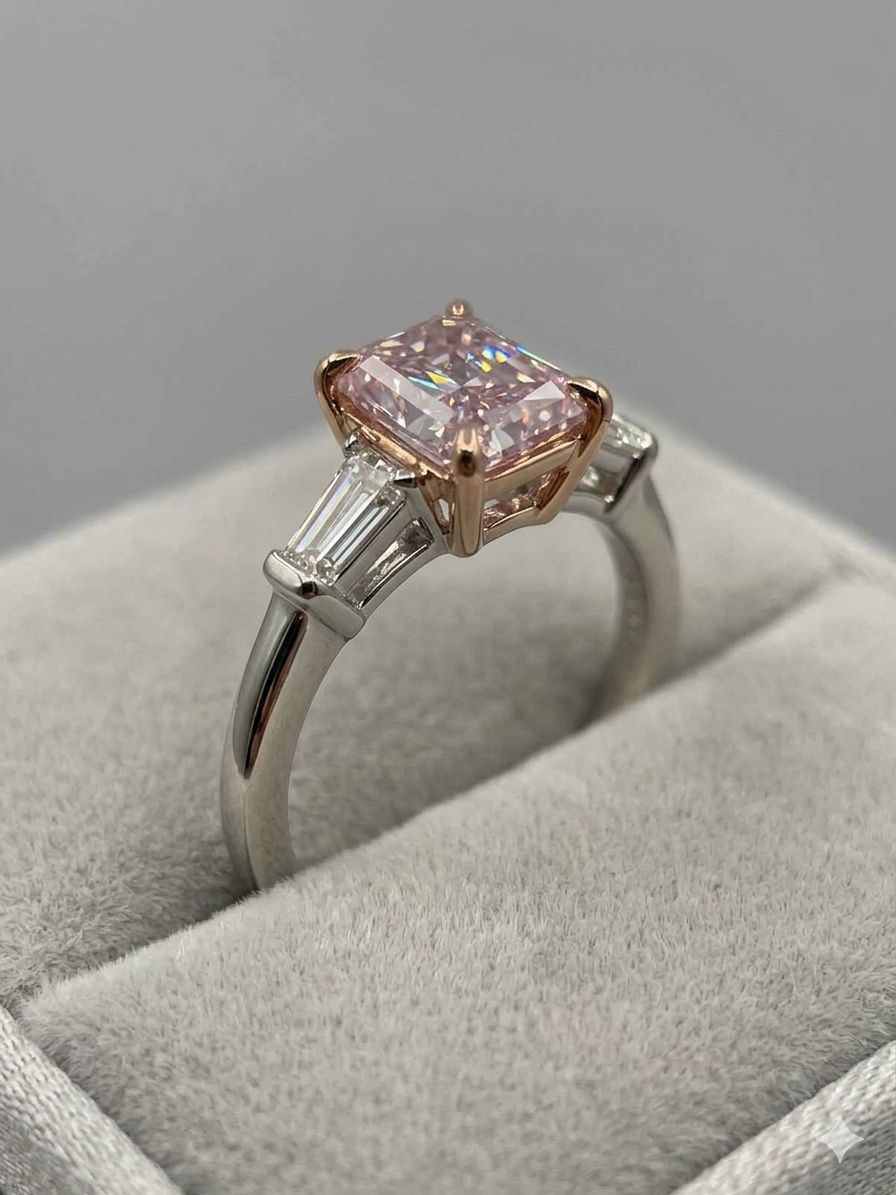 1.10ct Fancy Intense Purple-Pink Radiant Cut Diamond Three-Stone Ring, Baguette Accents in Platinum