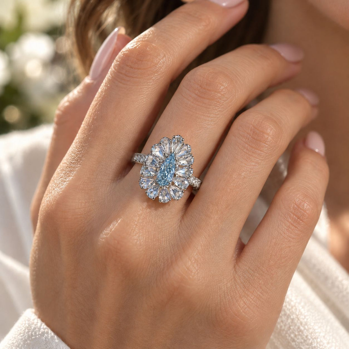 GIA Certified 0.42 Carat Fancy Light Blue Pear Diamond and Rose Cut Diamond Halo Ring in Platinum, view 2