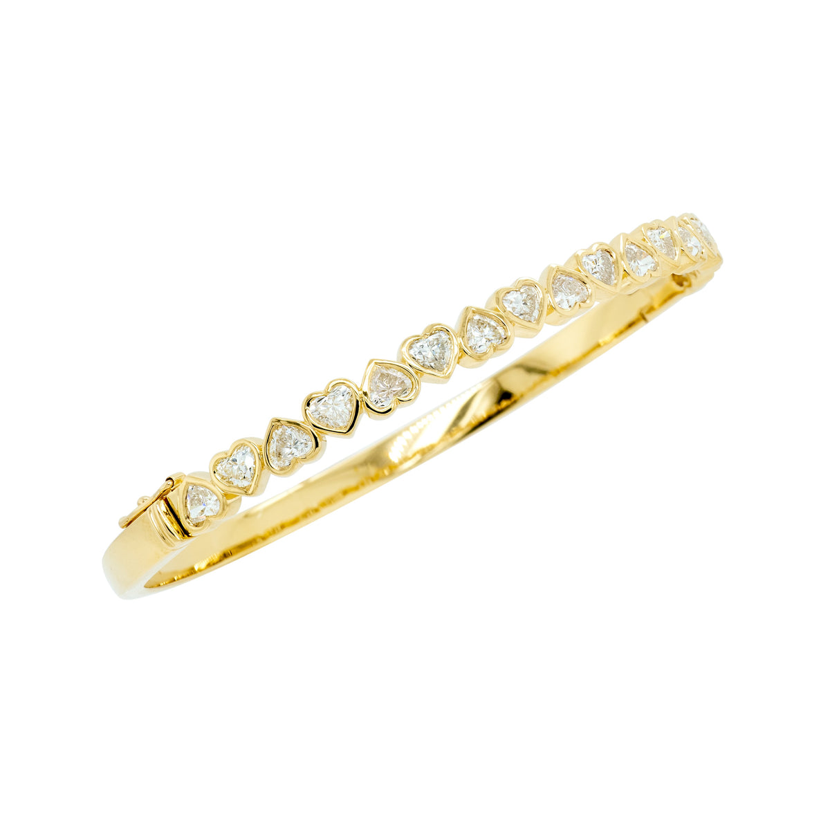 2.38 Carat Total Weight Heart Shape Diamond Bezel Bangle in 18K Yellow Gold