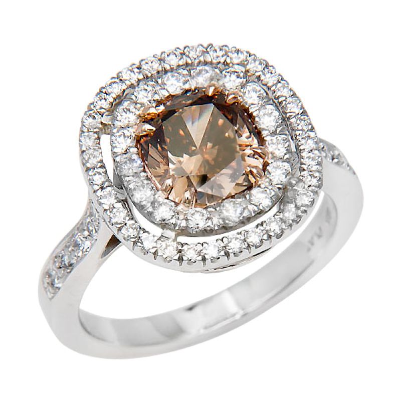 GIA Certified 2.04ct Cushion Cut Fancy Dark Orangy Brown Diamond Double Halo Engagement Ring in 18K White Gold