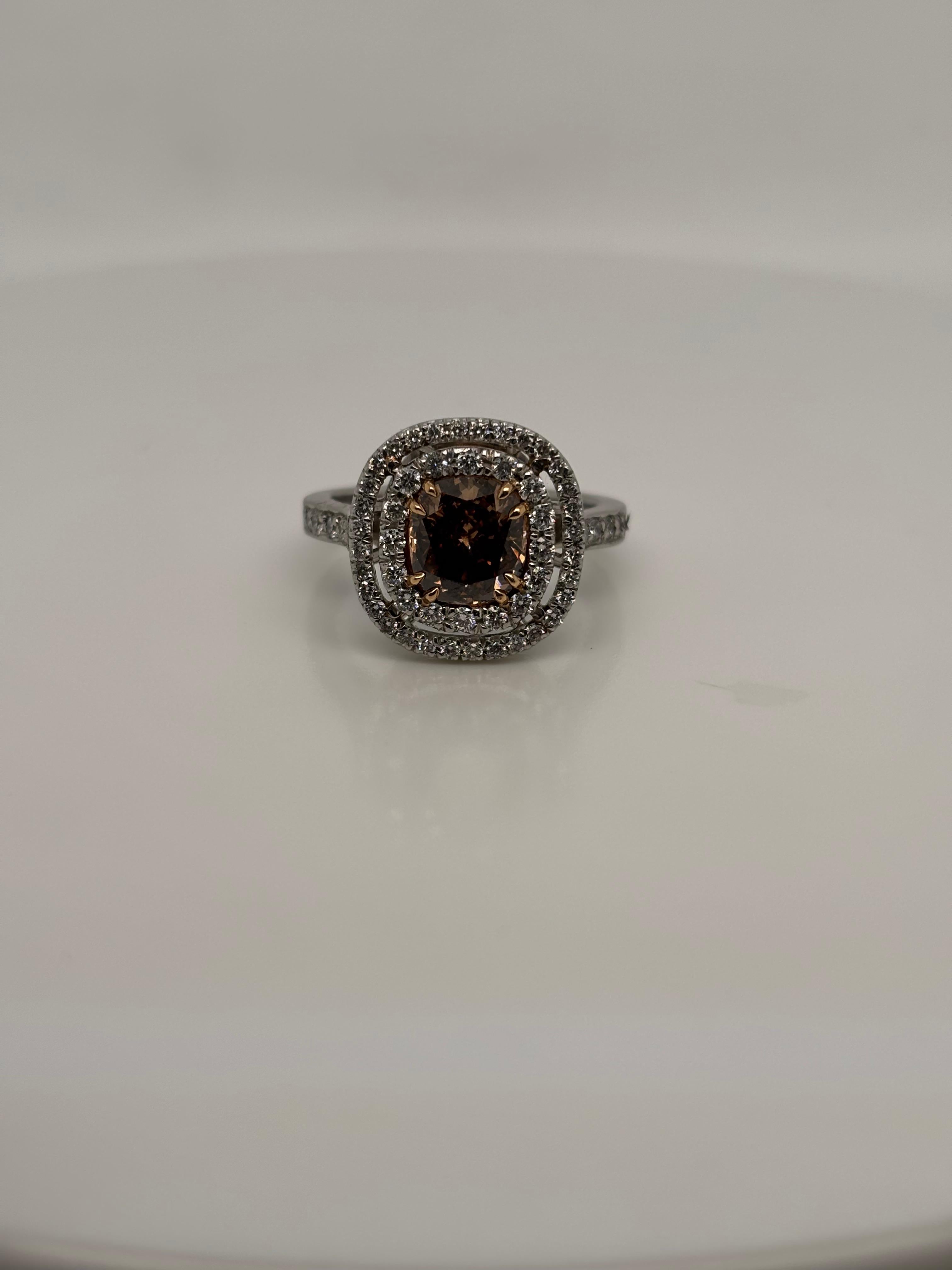 GIA Certified 2.04ct Cushion Cut Fancy Dark Orangy Brown Diamond Double Halo Engagement Ring in 18K White Gold