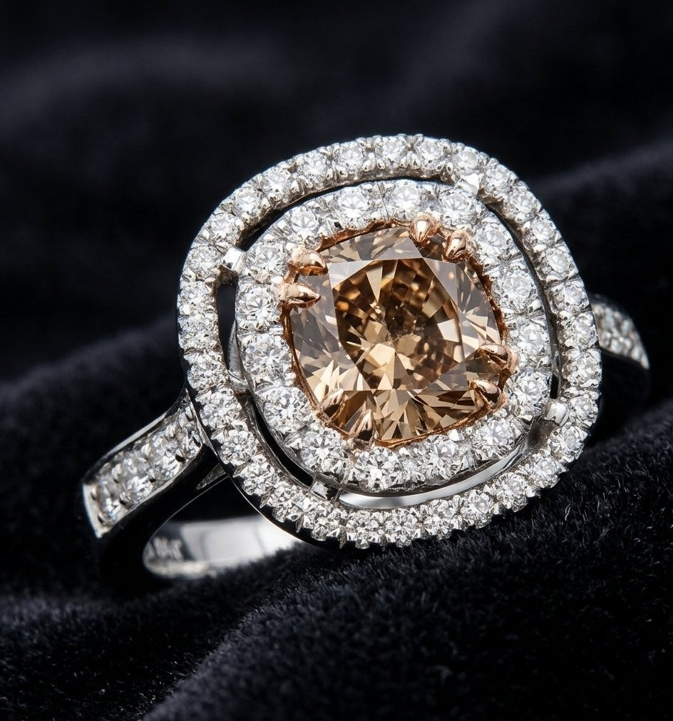 GIA Certified 2.04ct Cushion Cut Fancy Dark Orangy Brown Diamond Double Halo Engagement Ring in 18K White Gold