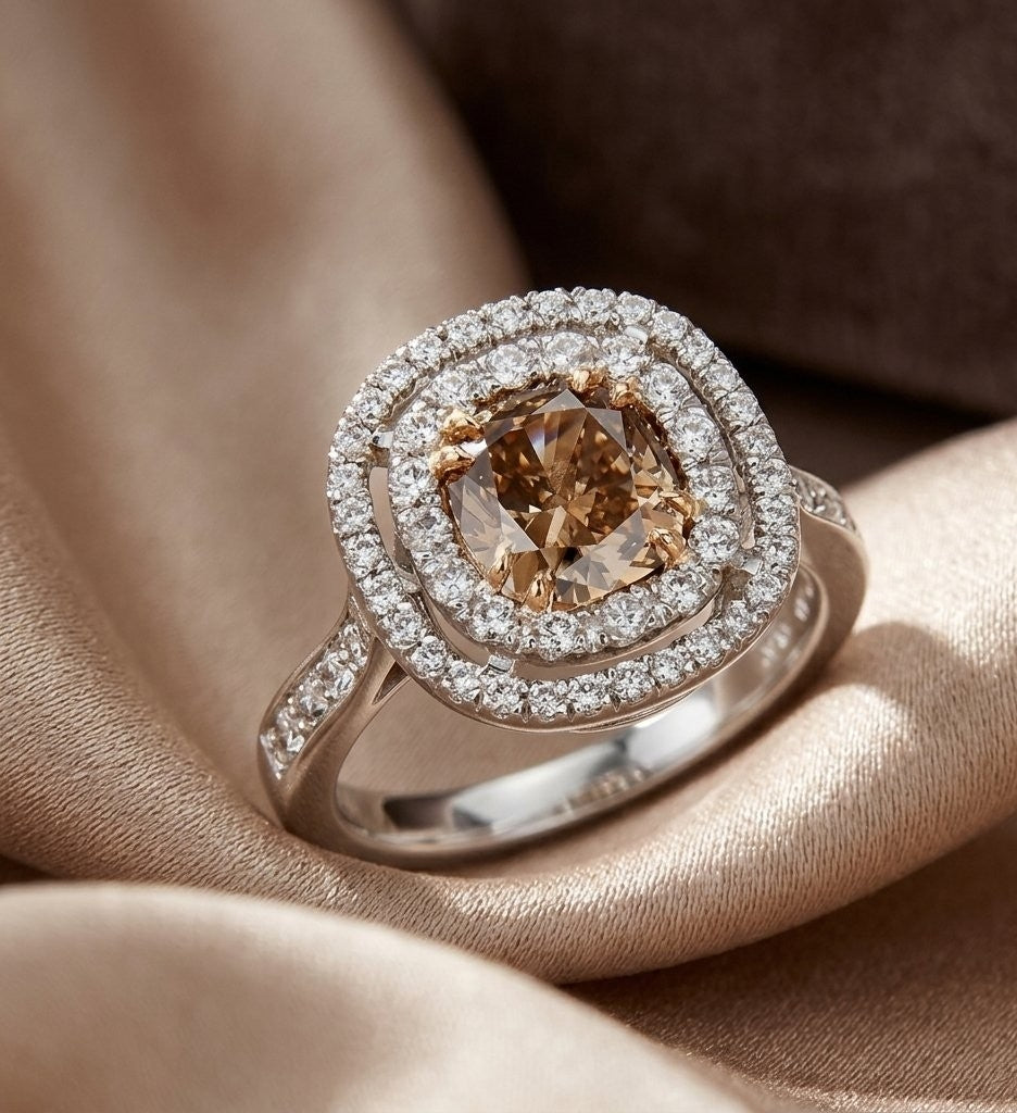 GIA Certified 2.04ct Cushion Cut Fancy Dark Orangy Brown Diamond Double Halo Engagement Ring in 18K White Gold