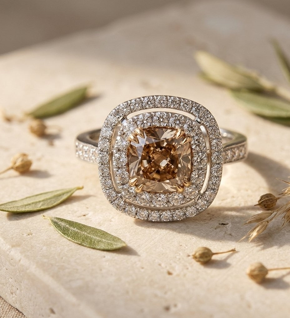 GIA Certified 2.04ct Cushion Cut Fancy Dark Orangy Brown Diamond Double Halo Engagement Ring in 18K White Gold