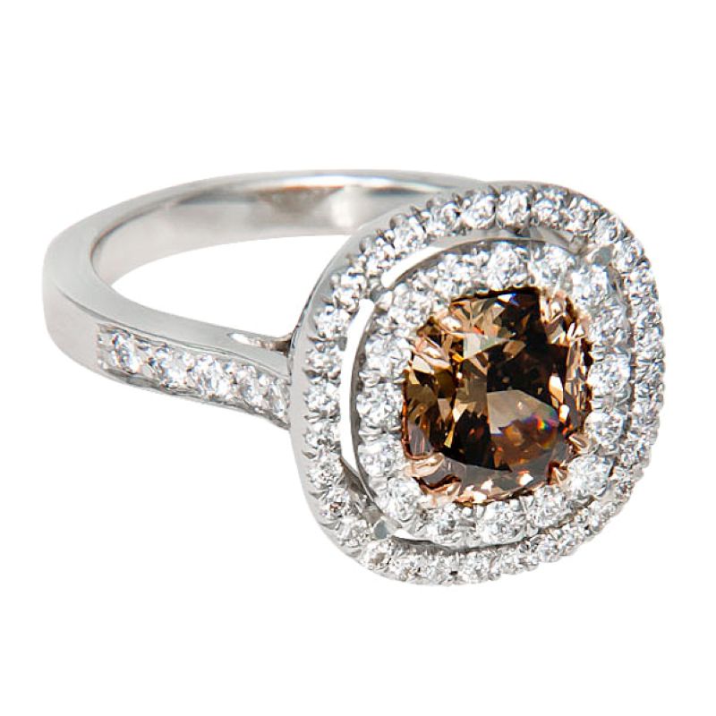 GIA Certified 2.04ct Cushion Cut Fancy Dark Orangy Brown Diamond Double Halo Engagement Ring in 18K White Gold