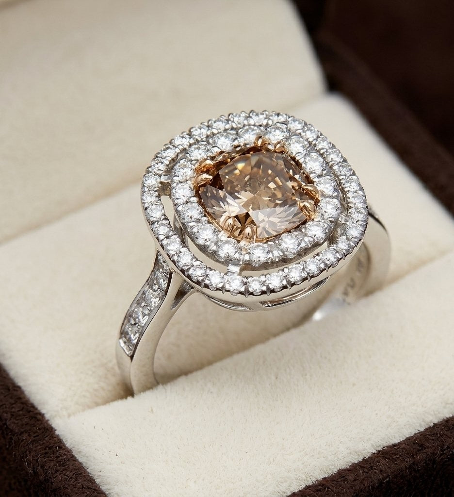 GIA Certified 2.04ct Cushion Cut Fancy Dark Orangy Brown Diamond Double Halo Engagement Ring in 18K White Gold