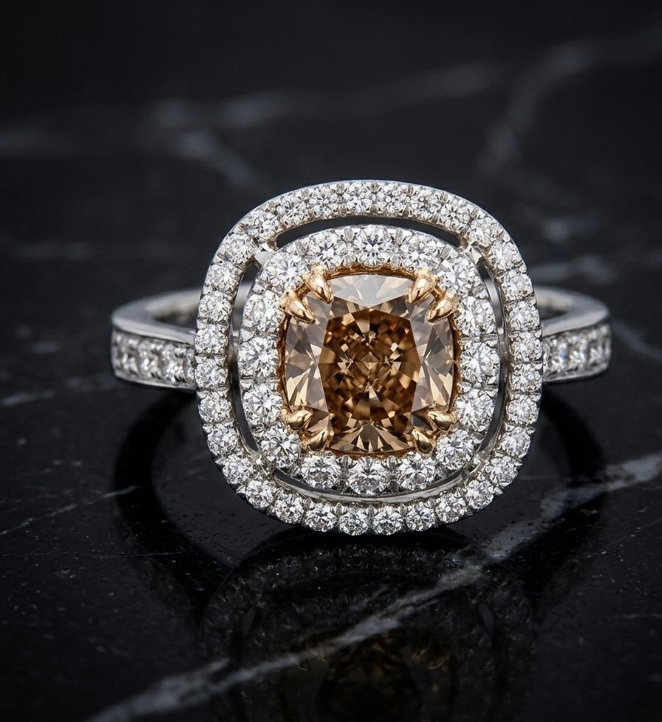 GIA Certified 2.04ct Cushion Cut Fancy Dark Orangy Brown Diamond Double Halo Engagement Ring in 18K White Gold