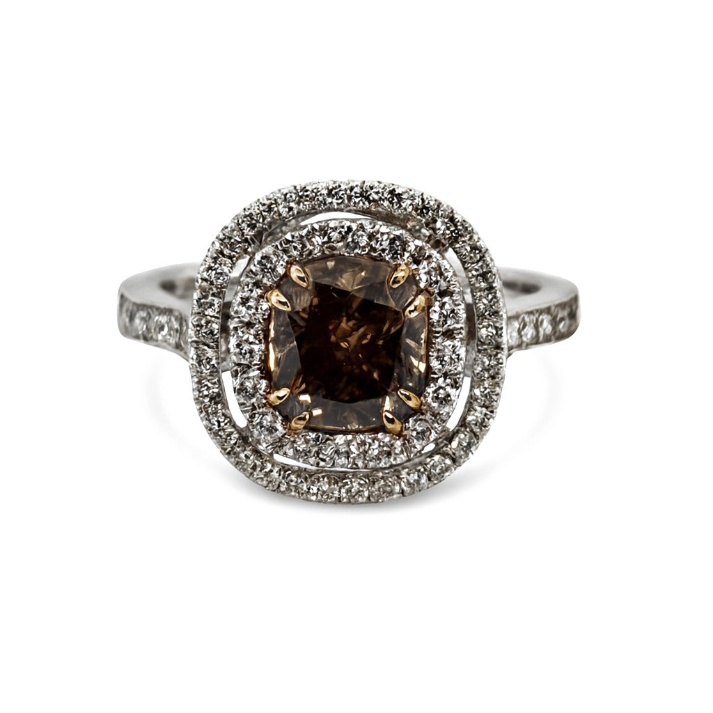 GIA Certified 2.04ct Cushion Cut Fancy Dark Orangy Brown Diamond Double Halo Engagement Ring in 18K White Gold