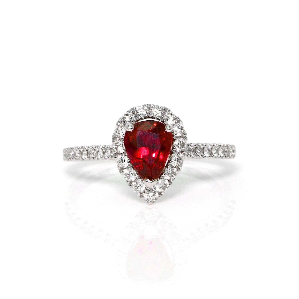 1.58 Carat Pear Shaped Ruby Diamond Halo Engagement Cocktail Ring 18K White Gold