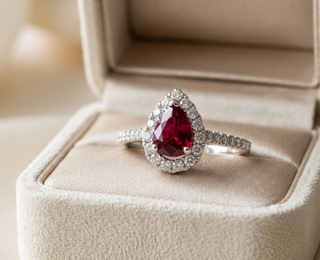 1.58 Carat Pear Shaped Ruby Diamond Halo Engagement Cocktail Ring 18K White Gold