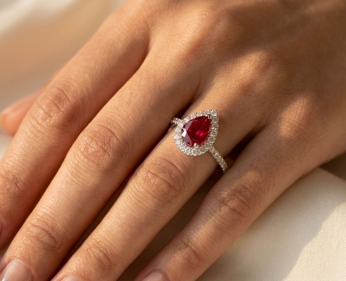 1.58 Carat Pear Shaped Ruby Diamond Halo Engagement Cocktail Ring 18K White Gold