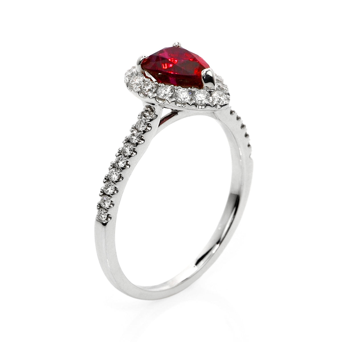 1.58 Carat Pear Shaped Ruby Diamond Halo Engagement Cocktail Ring 18K White Gold