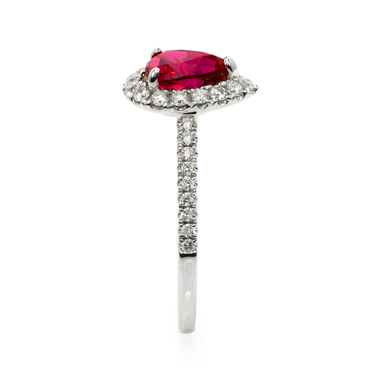1.58 Carat Pear Shaped Ruby Diamond Halo Engagement Cocktail Ring 18K White Gold