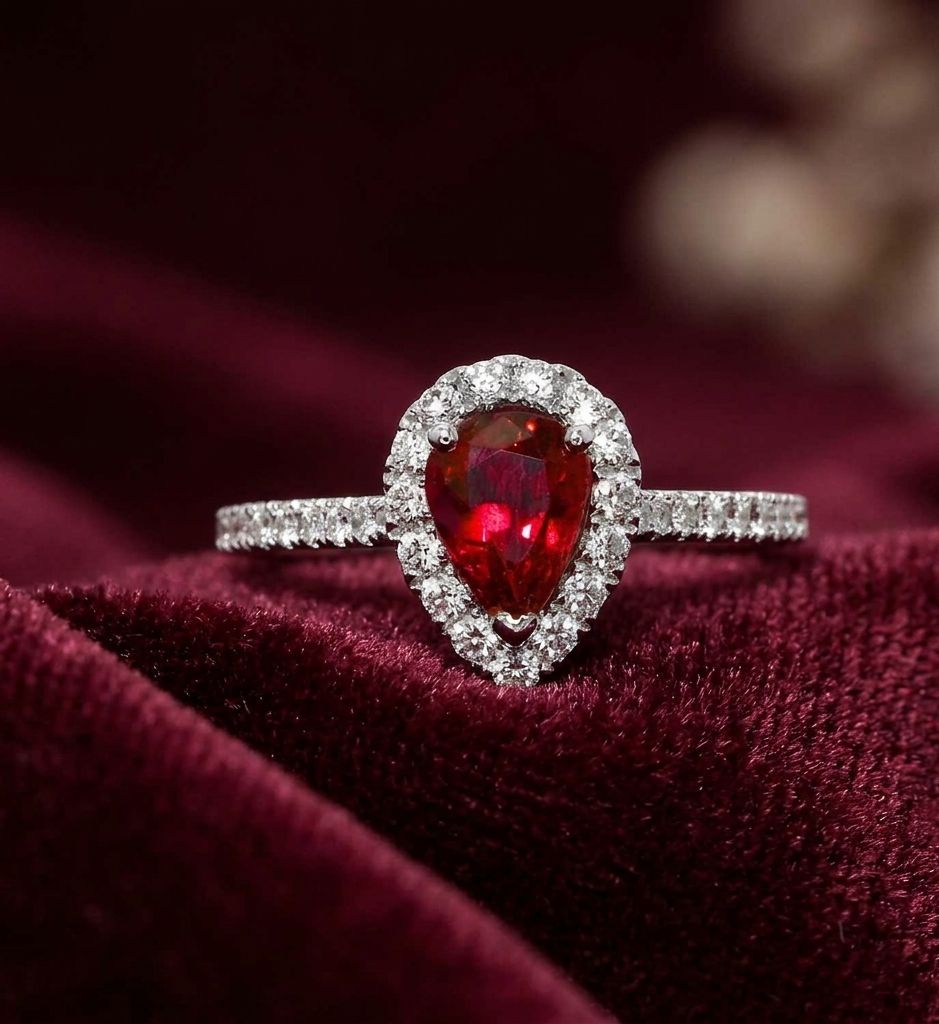1.58 Carat Pear Shaped Ruby Diamond Halo Engagement Cocktail Ring 18K White Gold
