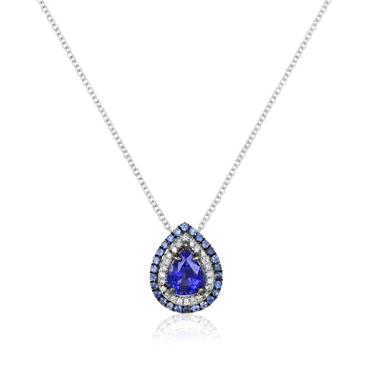 1.38 Ct. Royal Blue Ceylon Sapphire Pear Double Halo Pendant with Diamonds, 18K White Gold