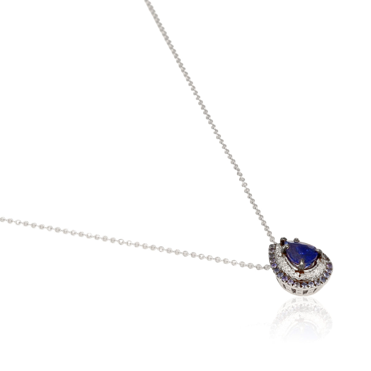 1.38 Ct. Royal Blue Ceylon Sapphire Pear Double Halo Pendant with Diamonds, 18K White Gold