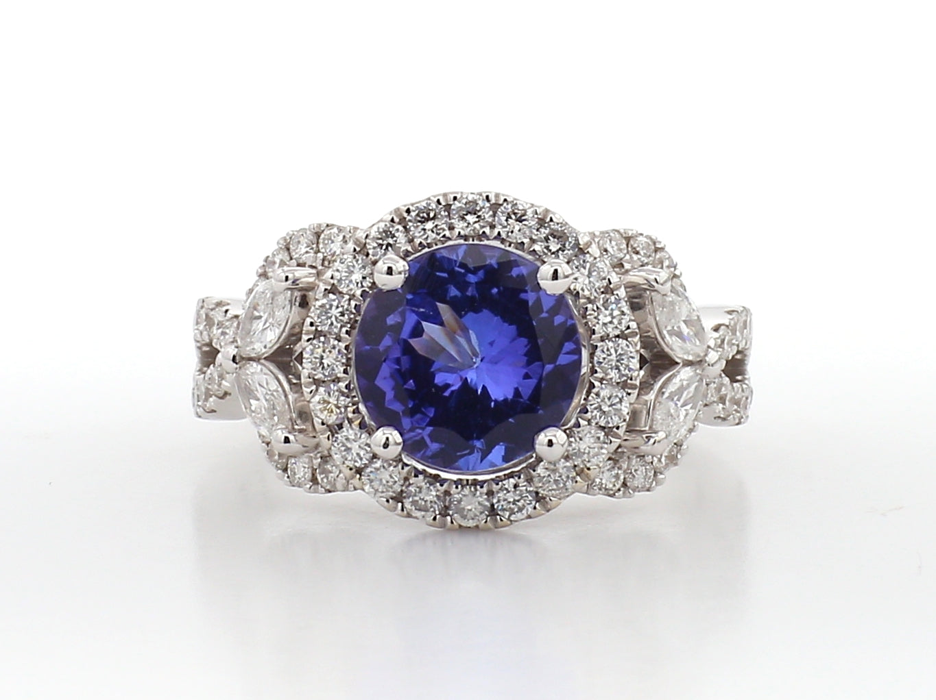 18K White Gold 1.95 CTW Tanzanite Ring with Round and Marquise Diamond Halo Accent