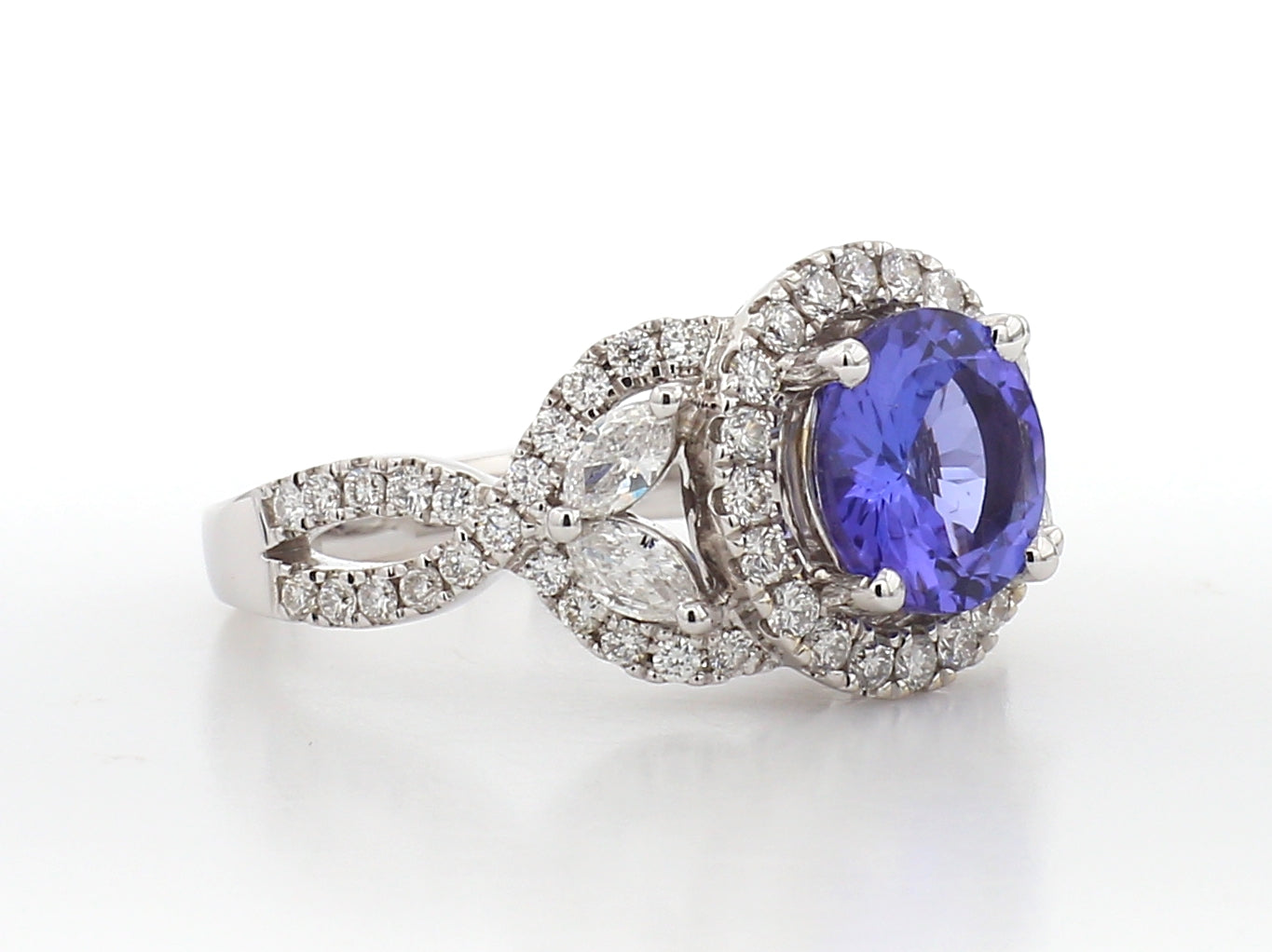 18K White Gold 1.95 CTW Tanzanite Ring with Round and Marquise Diamond Halo Accent