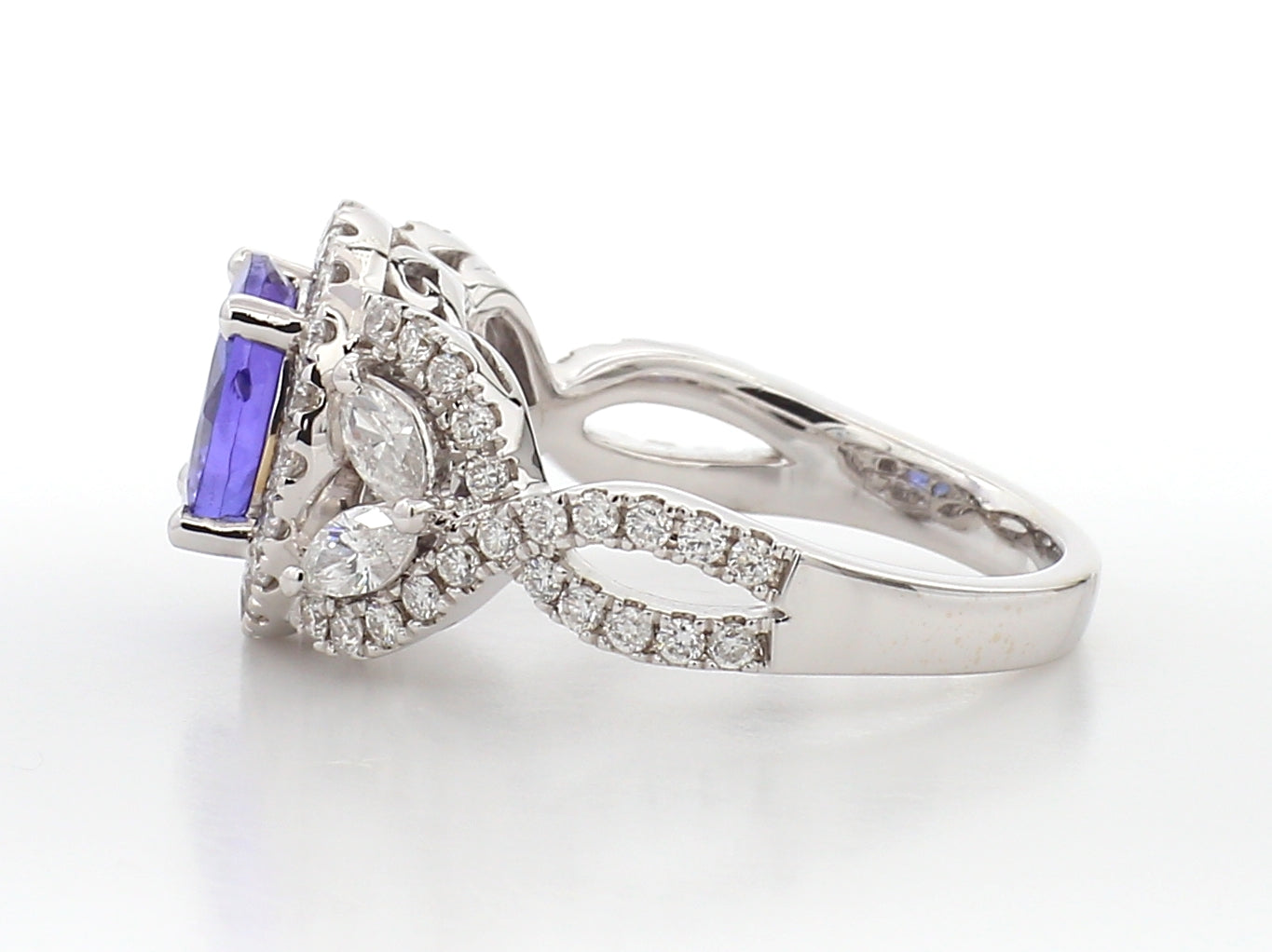 18K White Gold 1.95 CTW Tanzanite Ring with Round and Marquise Diamond Halo Accent