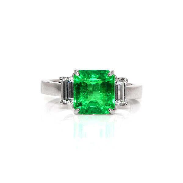 Emerald-Cut Emerald & Trapezoid Diamond Three-Stone Ring, 2.69ct AGL