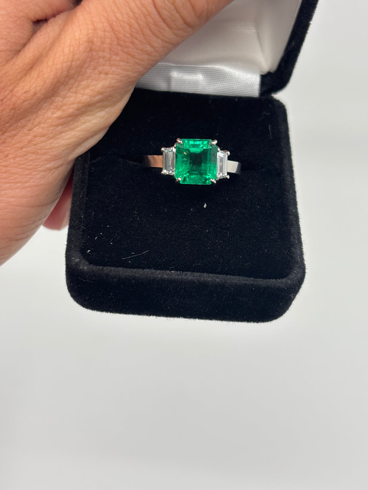 Emerald-Cut Emerald & Trapezoid Diamond Three-Stone Ring, 2.69ct AGL