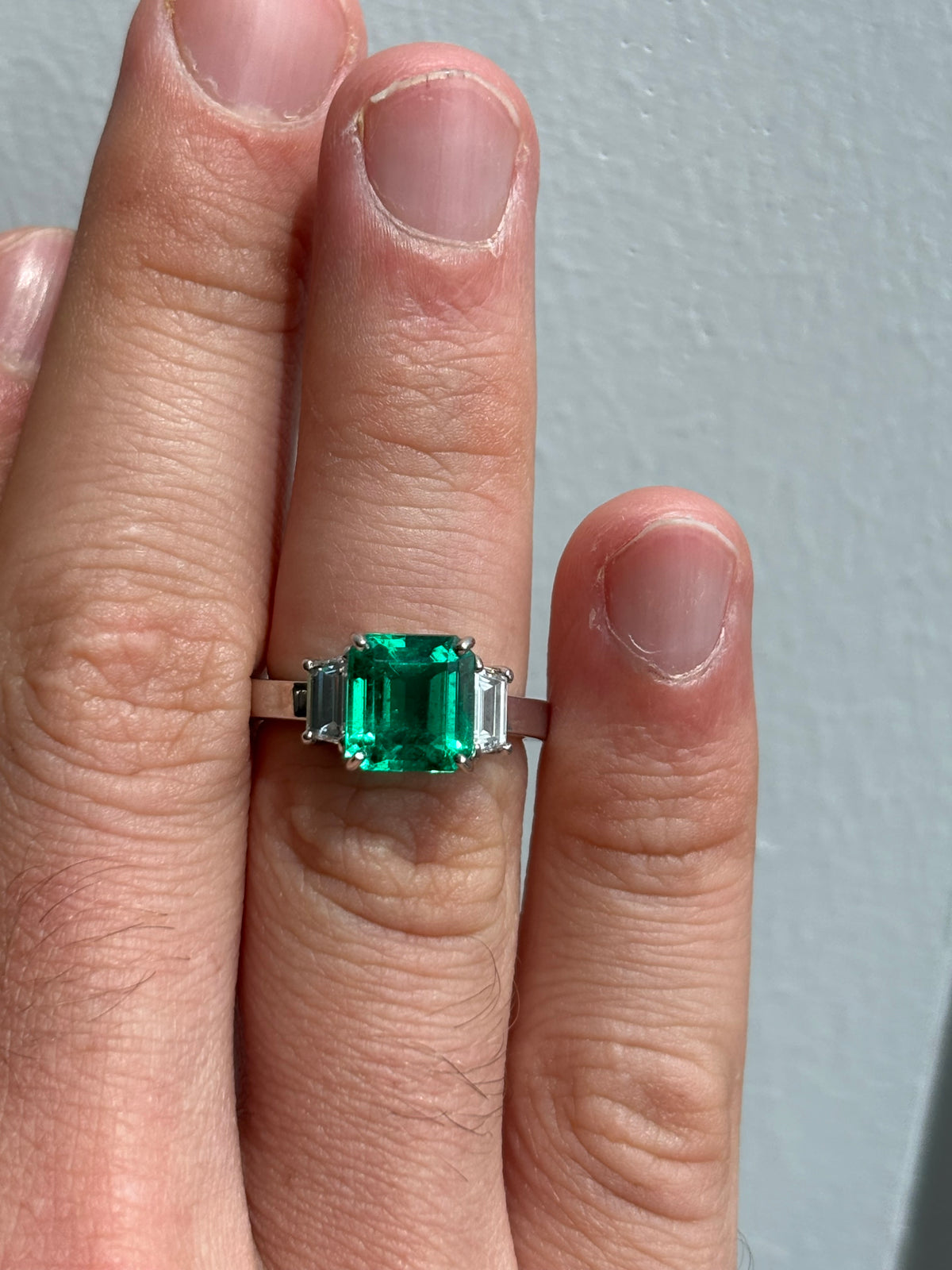 Emerald-Cut Emerald & Trapezoid Diamond Three-Stone Ring, 2.69ct AGL
