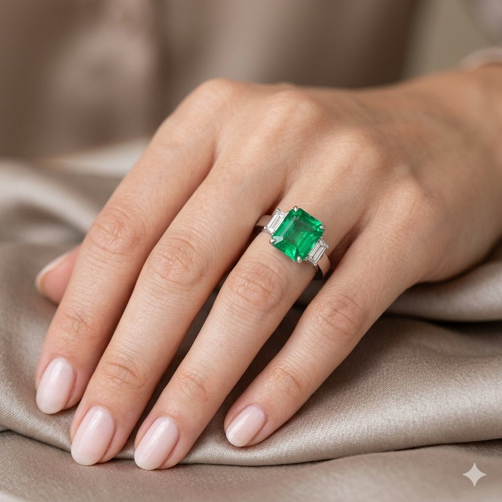 Emerald-Cut Emerald & Trapezoid Diamond Three-Stone Ring, 2.69ct AGL