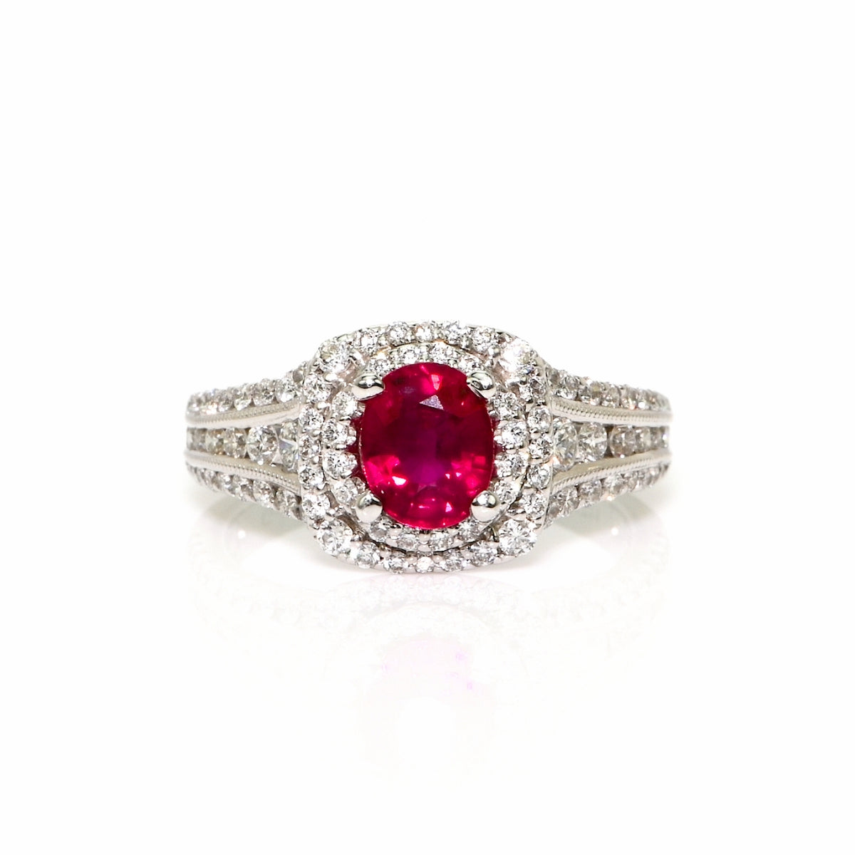 1.35 Ct. Ruby and Natural Diamond Pave Ring, 14K White Gold