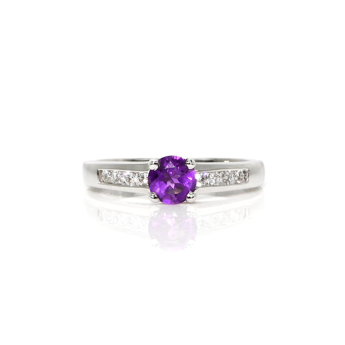 0.42 Ct. Purple Amethyst and Natural Diamond Pave Ring, 14K White Gold
