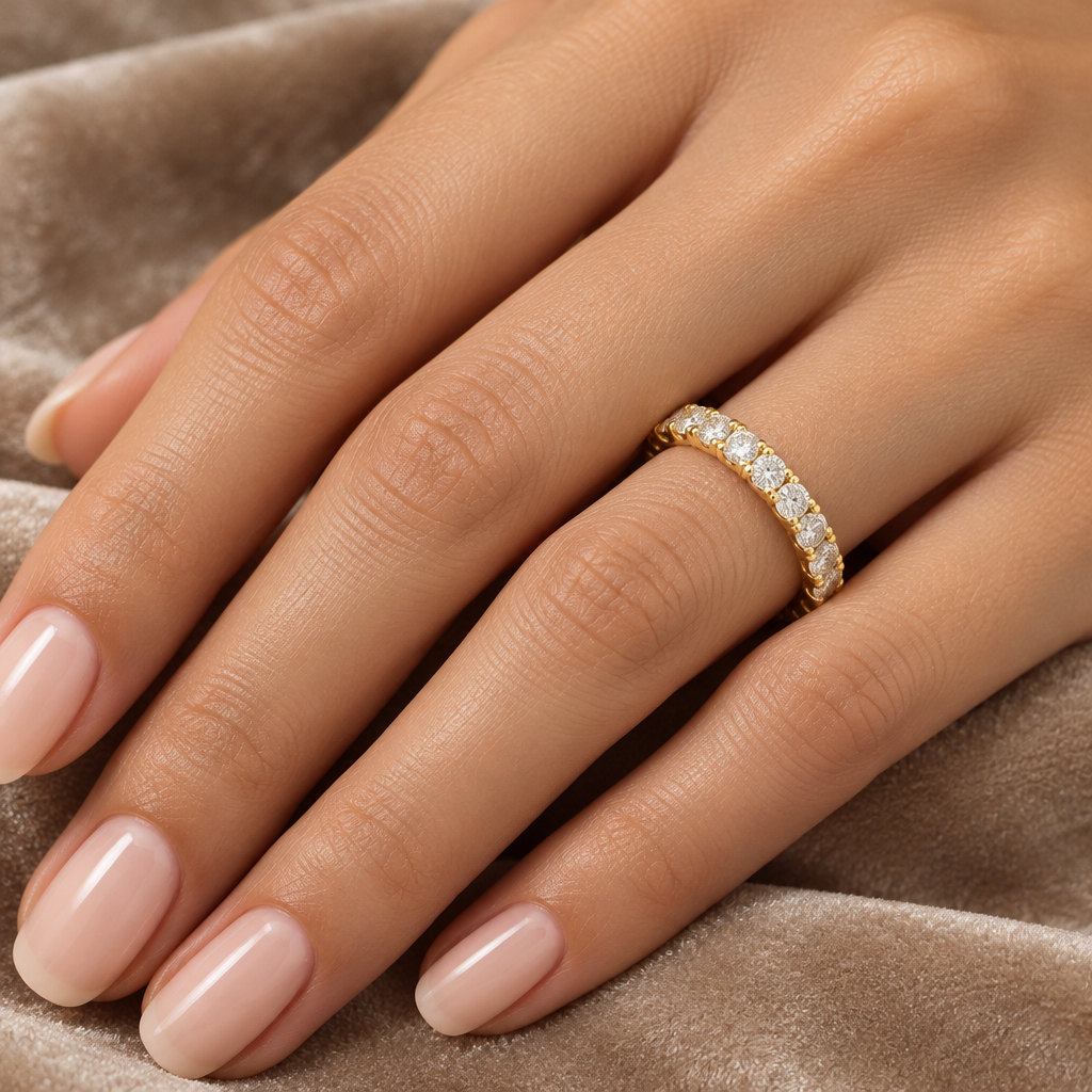 1.88 carat round diamond shared prong eternity band 14K yellow gold worn on model