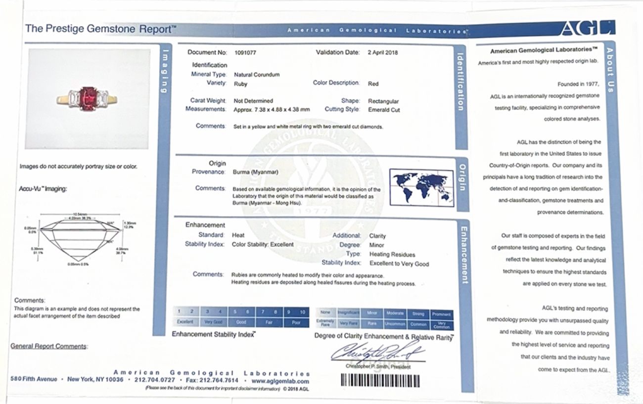 Burma Ruby Emerald Cut Three-Stone Diamond Ring in Platinum (AGL Certified)