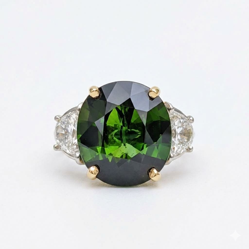 18K Yellow Gold Oval Green Tourmaline & Diamond Three-Stone Ring