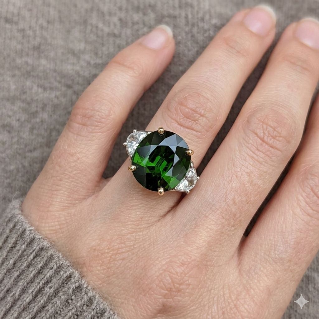 18K Yellow Gold Oval Green Tourmaline & Diamond Three-Stone Ring