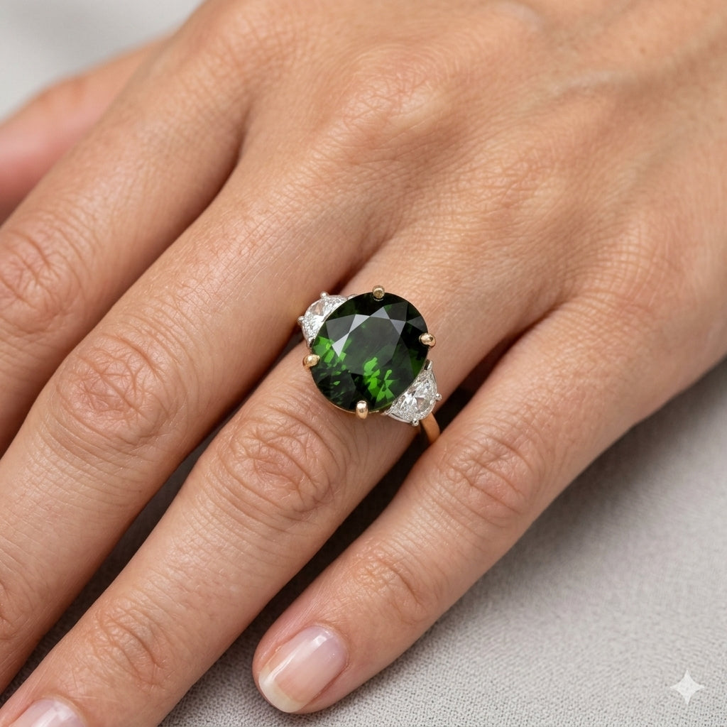18K Yellow Gold Oval Green Tourmaline & Diamond Three-Stone Ring