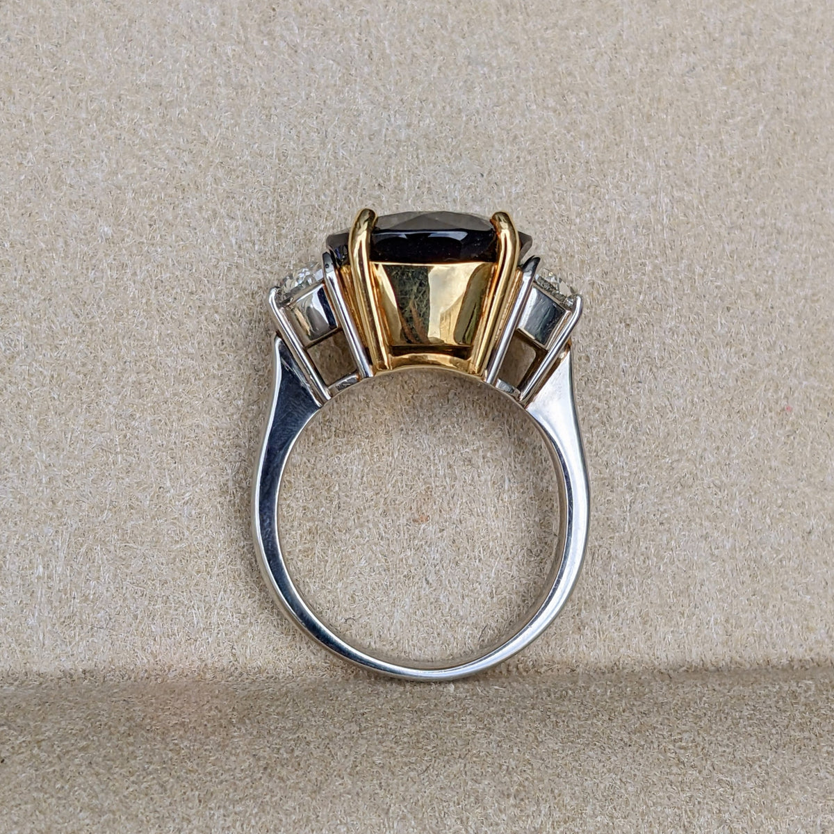 18K Yellow Gold Oval Green Tourmaline & Diamond Three-Stone Ring