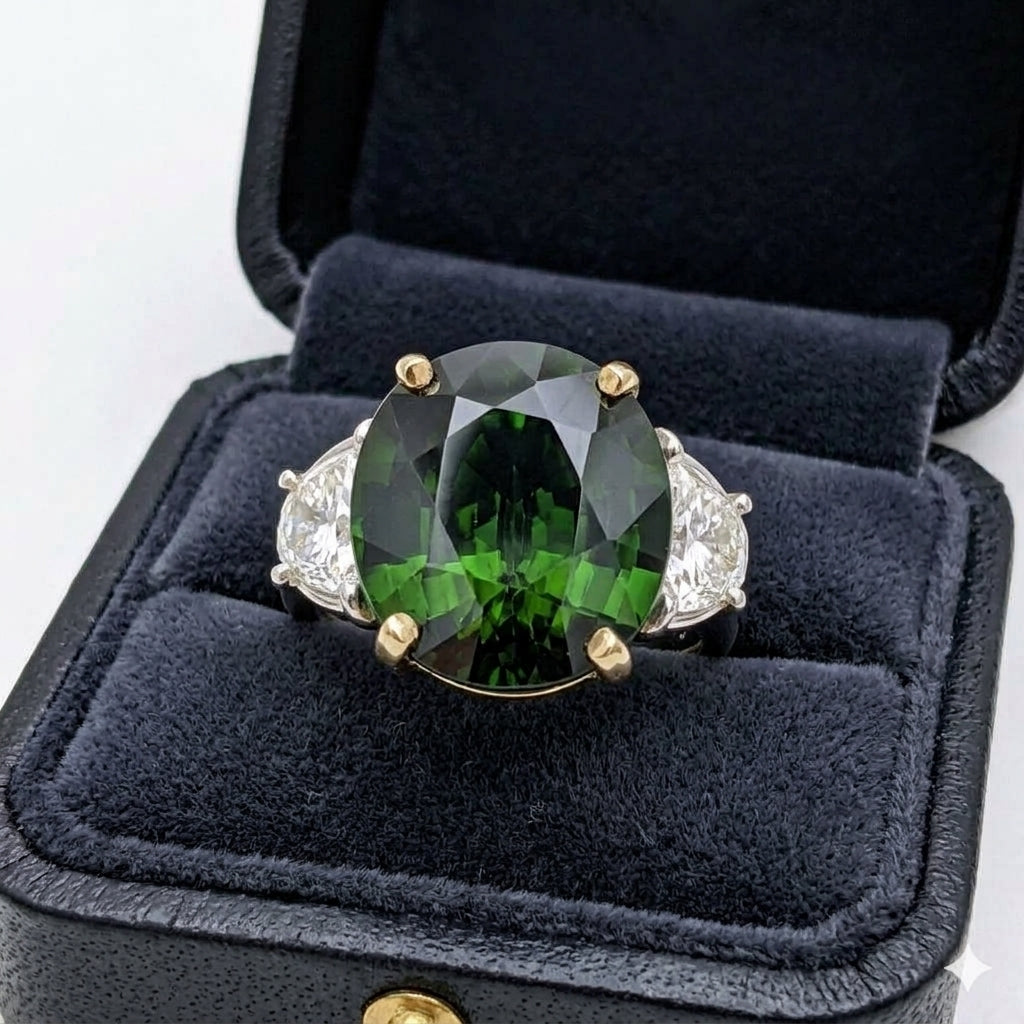 18K Yellow Gold Oval Green Tourmaline & Diamond Three-Stone Ring