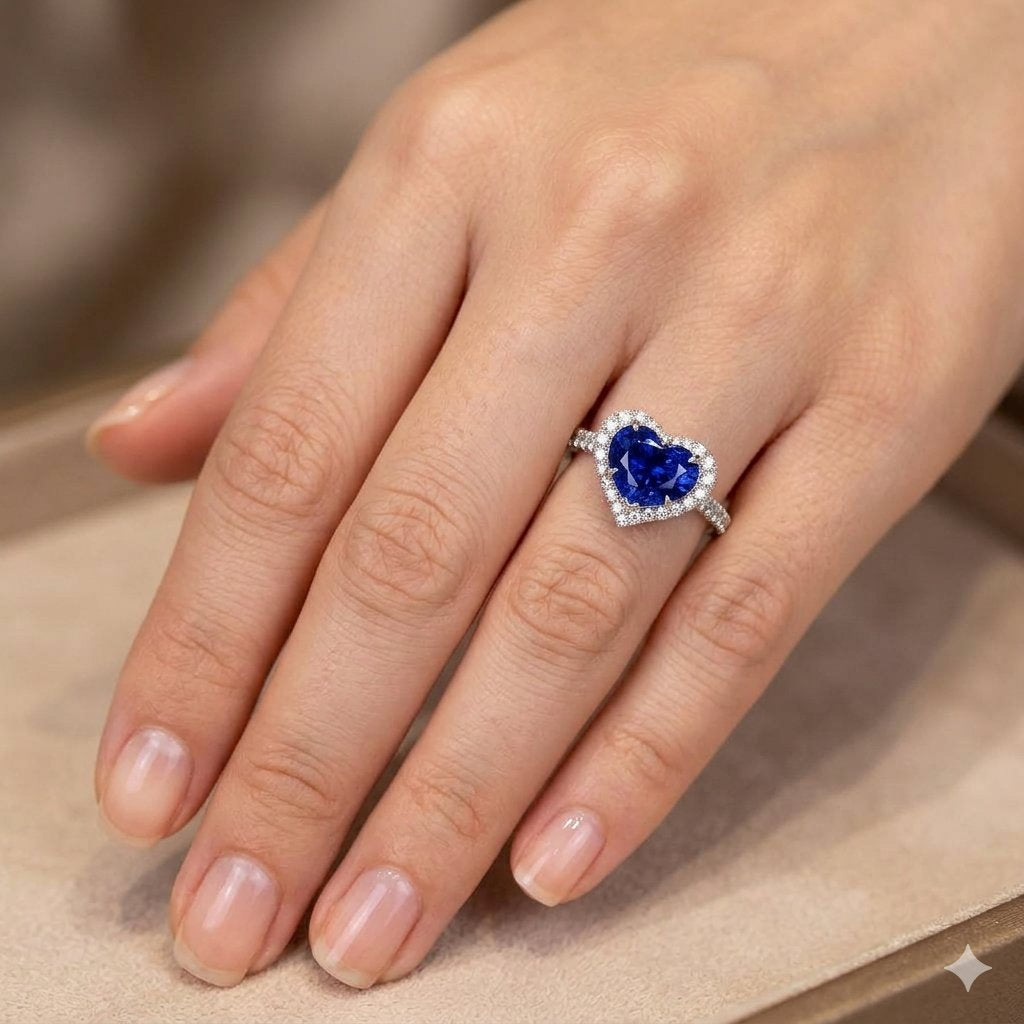 GIA-Certified 3.43ct Heart Shape Ceylon Sapphire & Diamond Halo Ring