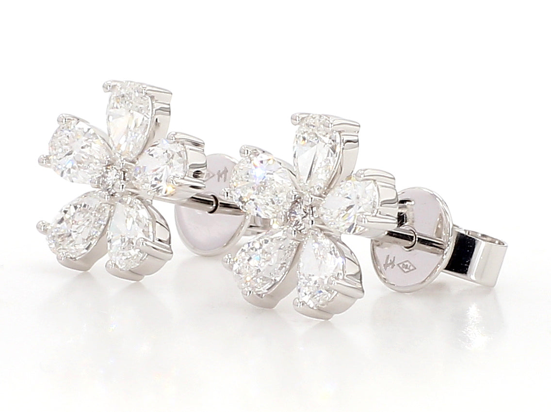 2.03 Carat Total Weight Pear Diamond Flower Stud Earrings in 18K White Gold, view 4