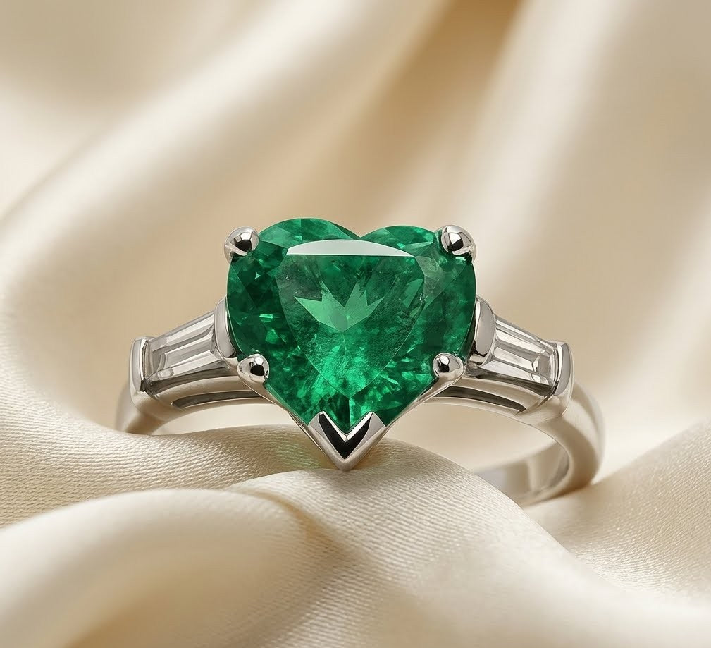 Columbian Emerald and Diamond Three-Stone Ring featuring Heart Shape Center and Tapered Baguette Accents